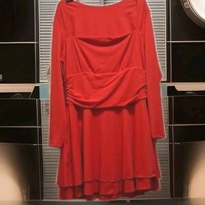 NEW Red Ruched Long Sleeve Double Tiered Skater Mini Dress Cinched Waist